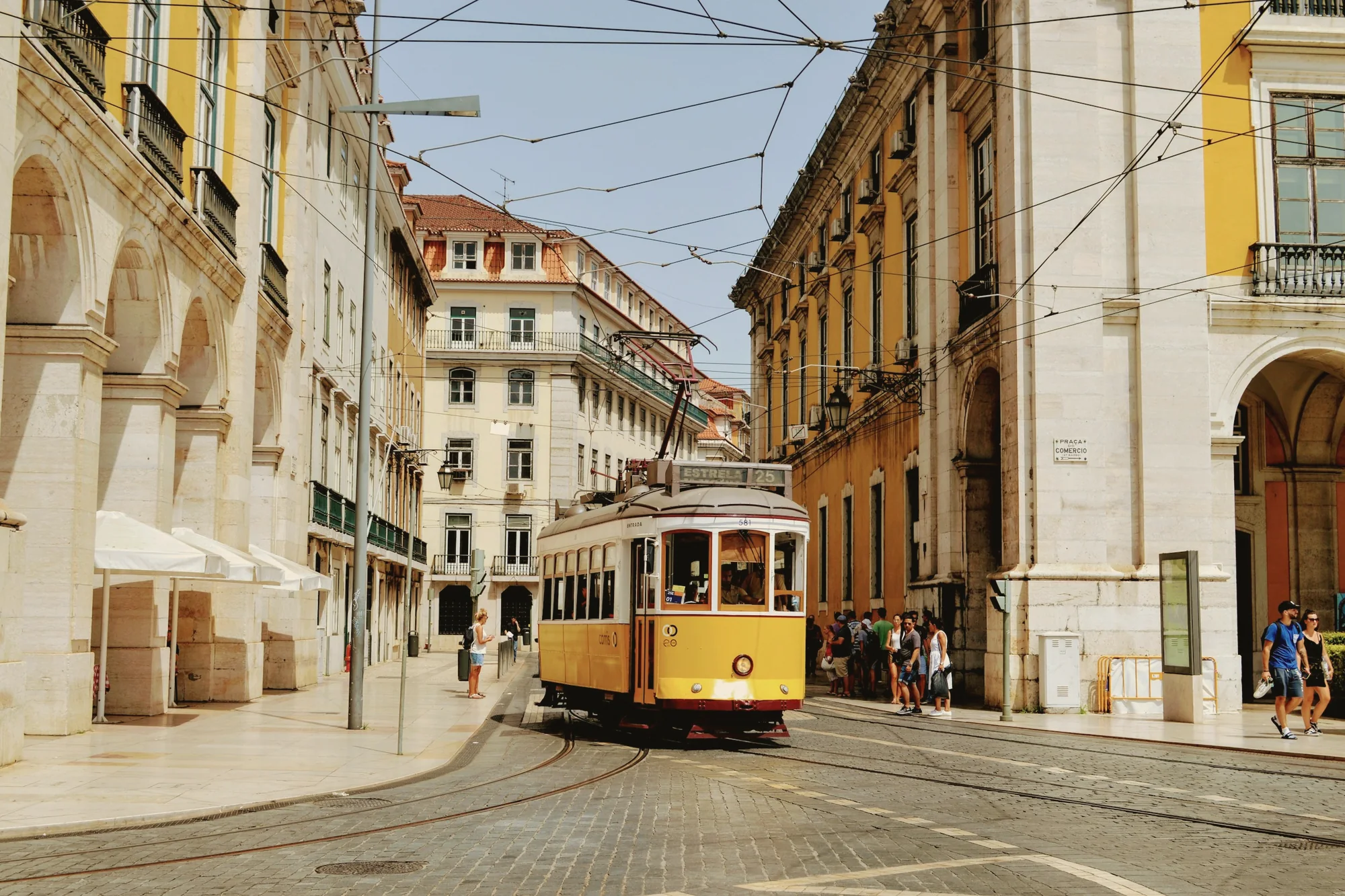 Tram 28 on a cobbled street