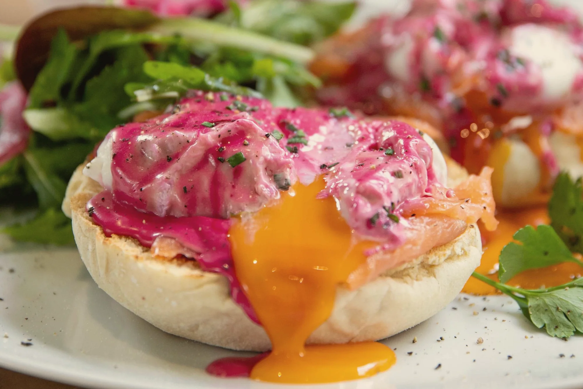 Mila's eggs benedict with smoked salmon and beetroot hollandaise